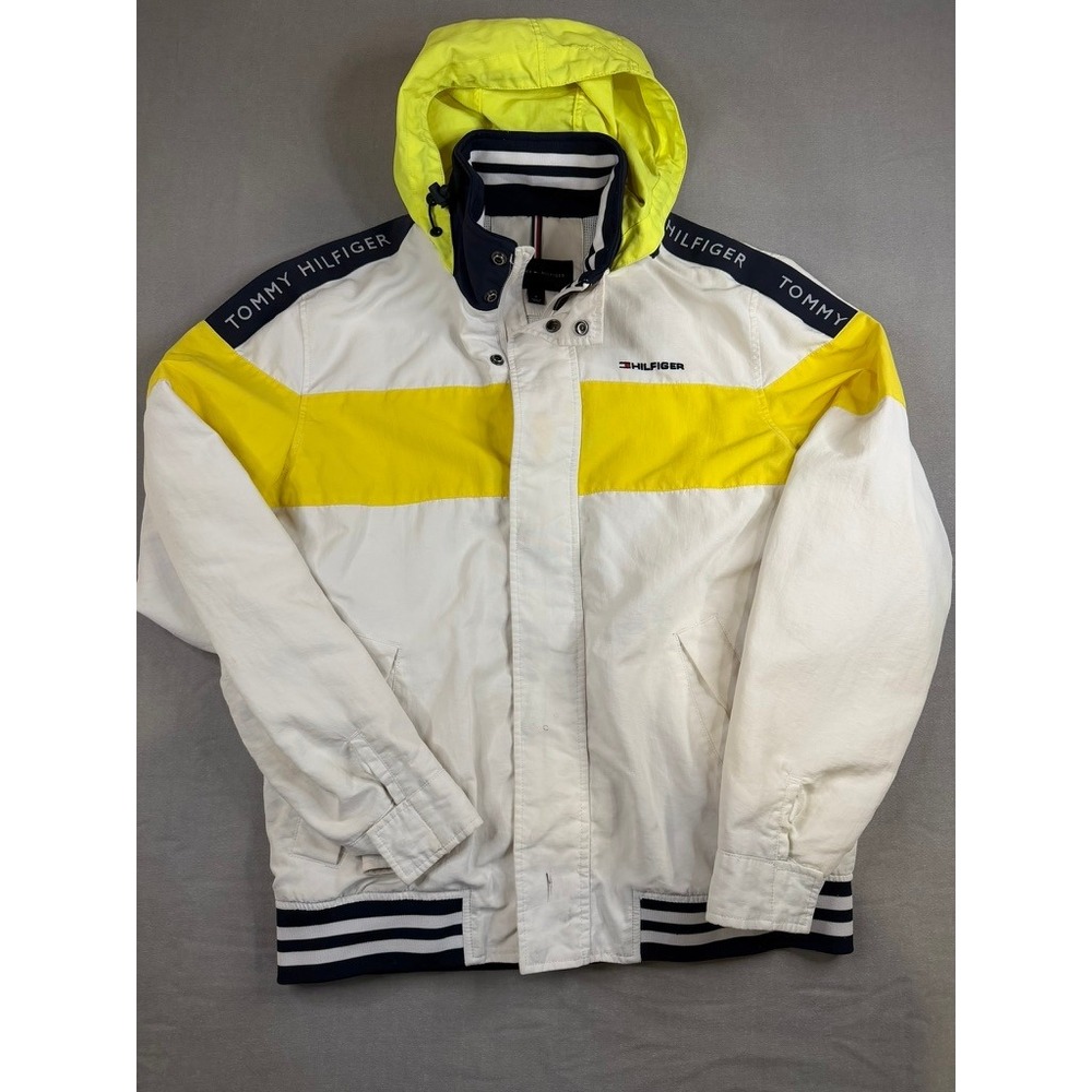 VTG Tommy Hilfiger Mens Colorblock Hooded Windbreaker Jacket White Yellow Navy M